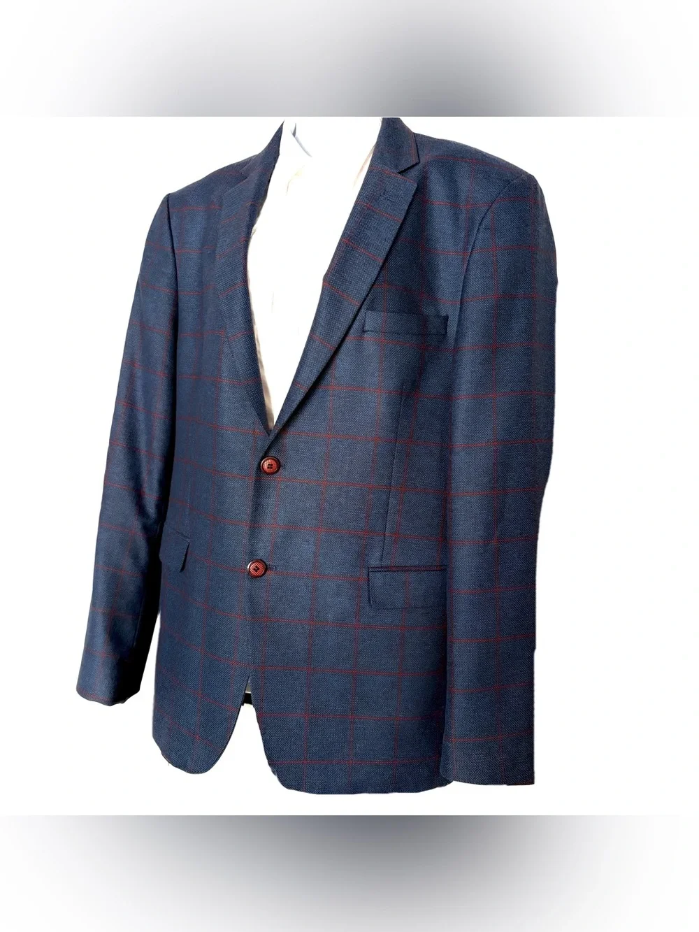 Vercini 46R Navy Windowpane Plaid Sport Coat Slim Fit Blazer Business Casual